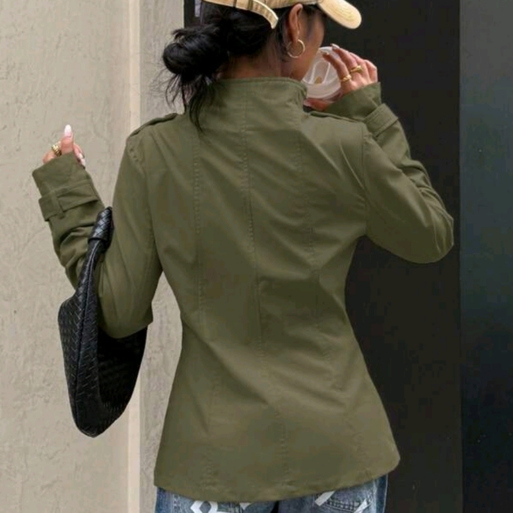 Women's Woven Solid Color Long Sleeve Double-Breasted Casual Trench Coat - Picture 5 of 5